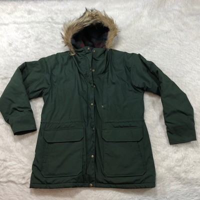 Vtg Woolrich Green Parka Coat Fur Hood 