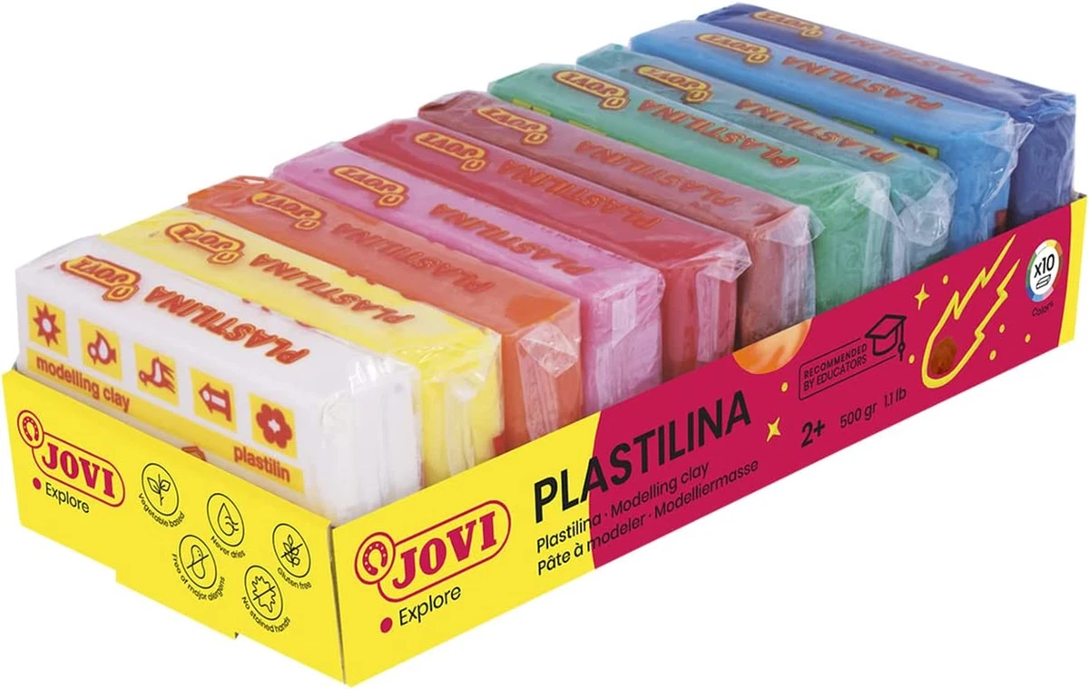  Plastilina Pack, 100% Vegetable-Based Modelling Clay, 10 Bars of 50  Grams, Ass