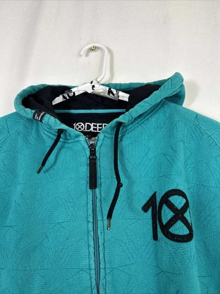 10 Deep Mens Large Full Zip Hoodie Teal Green Embroidered Stars - Imagem 3 de 4