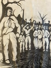 Antique Drawing Pencil Paper 1950 Miners Strike Expressionist Expressionism