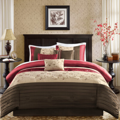 NEW ~ BEAUTIFUL MODERN CHIC RICH RED BROWN BEIGE TAUPE LEAF SOFT COMFORTER SET