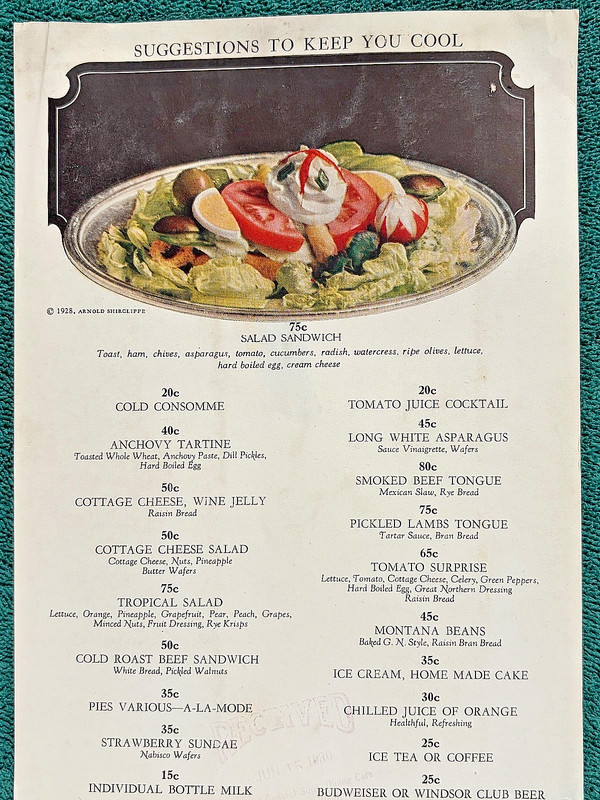 1928 Great Northern Railway Salad Sandwich Railroad Menu GNRR Montana Minnesota