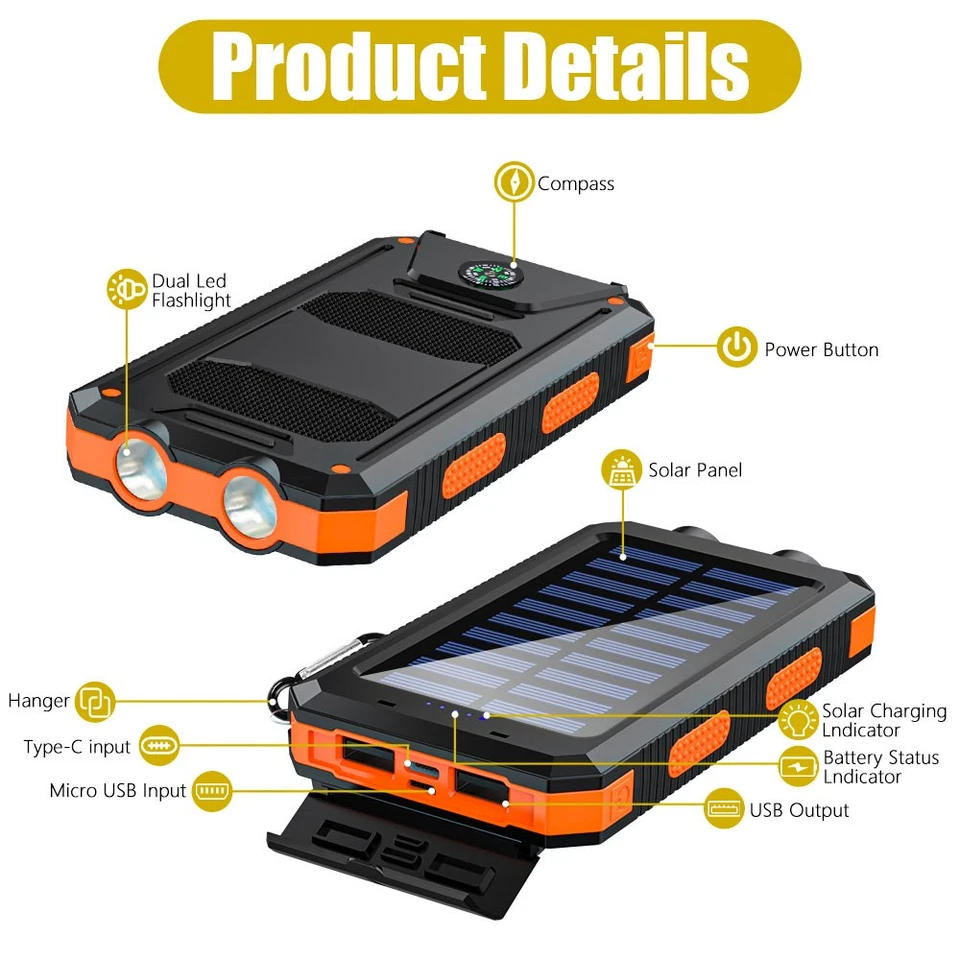 Banco de energía solar 9000000 mAh cargador portátil con linterna/brújula para teléfono celular Foto 3 de 4