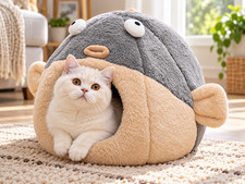 Cat Beds for Indoor Cats-Cat Bed Cave,Cute Lively Pufferfish Shape,Grey L