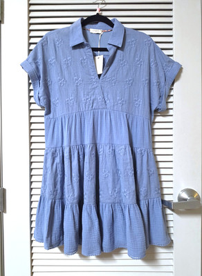 dusty blue flower embro tiered pleat dress S