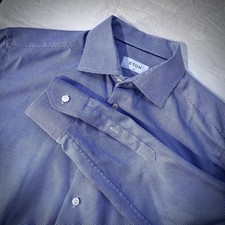 ETON Dress Shirt Men 43/17 Slim Blue Check Long Sleeve Spread Collar Cotton