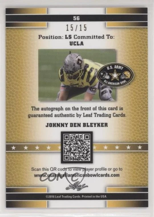 2016 Leaf US Army All-American Bowl Metal Auto /15 Johnny Den Bleyker #56 Auto - Image 2 of 2