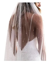 ELAWBTY 1 Tier Pearl Fingertip Length Wedding Bridal Veil With Metal Comb Whi...