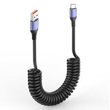 USB to USB-C Fast Charging Coiled 6A Retractable 1FT Cord for Phones Tablets