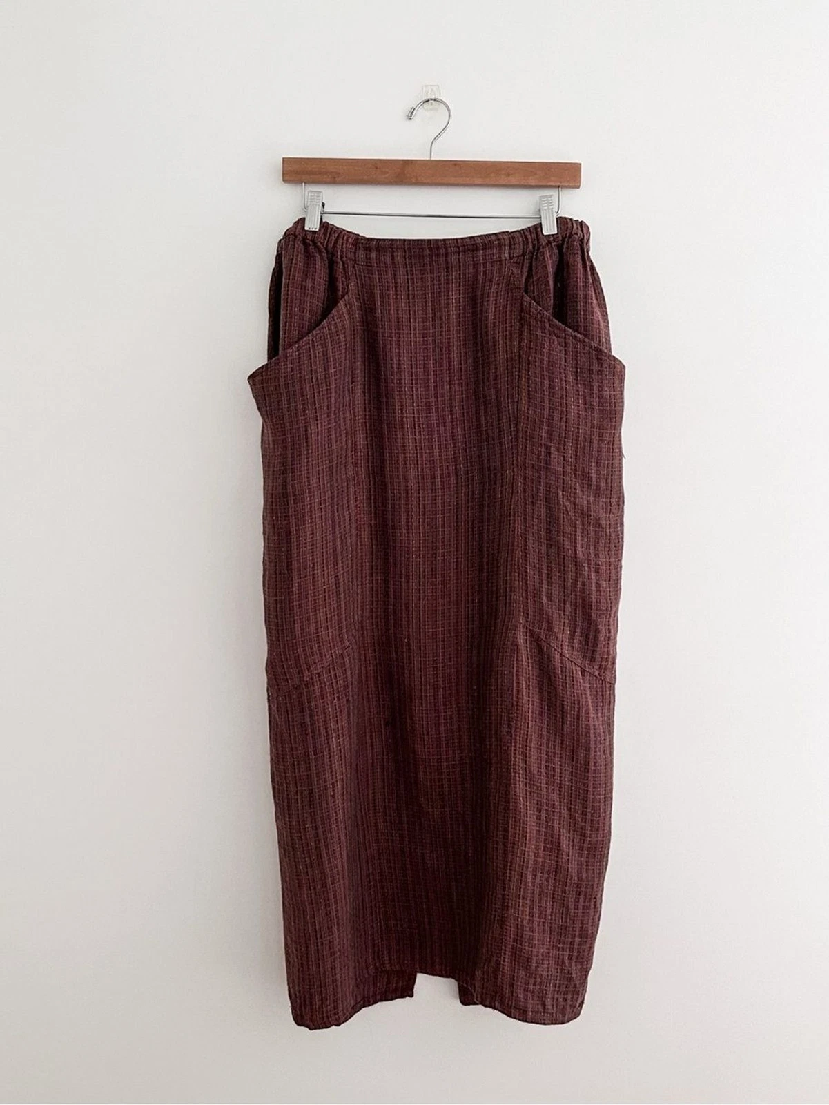 FLAX 100% Linen Midi Skirt Burgundy Textured Pull On Utility Patch Pocket Size L