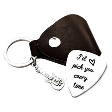 1pc Stainless Steel Guitar Pick Black PU Leather Keychain I'd Pick You Every ...
