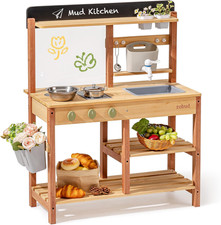 Mud Kitchen, Wooden Outdoor Kitchen for Kids, Pretend Play Set with Sink, Faucet