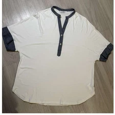 Anna Seravalli Venezia White Chambray Trim V Neck Button Tunic Top Womens