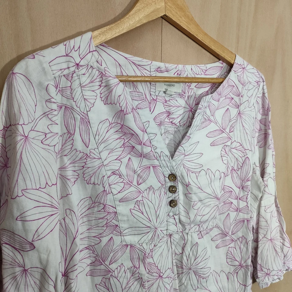 Laura Ashley Linen Floral Summer Blouse half Sleeve Size UK 10 Pink White - Image 2 of 4