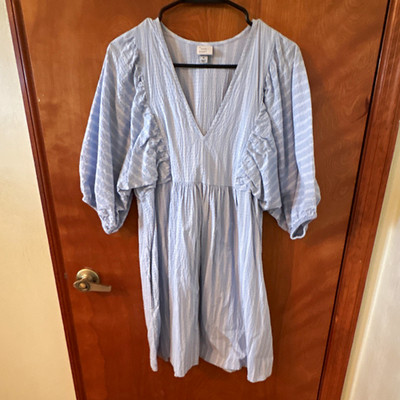A New Day M Blue/White Striped Sundress V-Neck 3/4 Balloon Sleeve Pockets