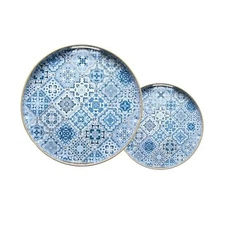 Serving Trays Set of 2, Decorative Plastic Serving Trays Round Blue Moroccan
