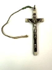 ANTIQUE NICKEL CAPPED EBONY INLAID MEMENTO MORI PECTORAL CRUCIFIX  4 3/4”