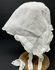 Vintage Antique Off White Doll Bonnet Hat with Lace Trim