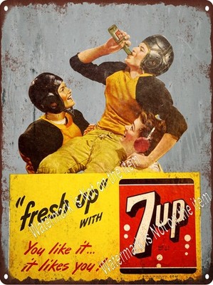 1945 7up Soda Bottle Football Cola You like it Fresh Up Metal Sign 9x12'' A995