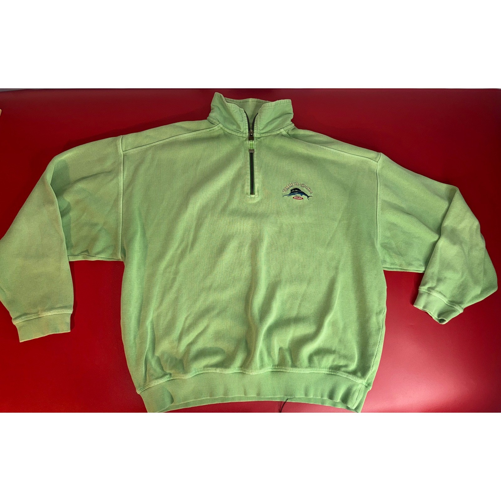 Suéter grande Tommy Bahama Relax para hombre verde lima 100 % algodón acanalado cuarto cremallera