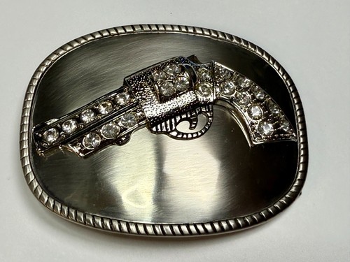 Jeweled Gun Pistol Revolver Rhinestone Accented Silver Color Oval Belt Buckle - 第 11/22 張圖片
