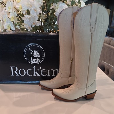 Rock'em White Western Equestrian Cowboy Boots with Side Zipper in Box