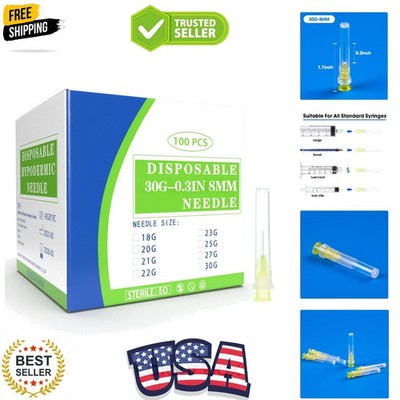 100 Pack 30 Ga 5/16 inch Disposable Needles with Caps for Scientific and Indu...