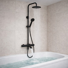 Matt Black Thermostatic Bar Shower With Bath Filler 3 Outlet Round Riser Kit