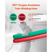 1/ 4" x 15FT Oxy Acetylene Twin Welding Hose with 9/ 16" Fittings, 300PSI