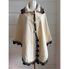 Vintage Wool Cape Poncho with Knit Trim