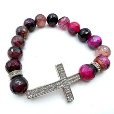 Vintage Red Crystal Beaded Bracelet Silver Rhinestone Cross Y2K 90s 2000s
