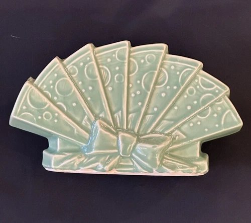 McCoy Vintage Green Fan Pottery Planter with Bow