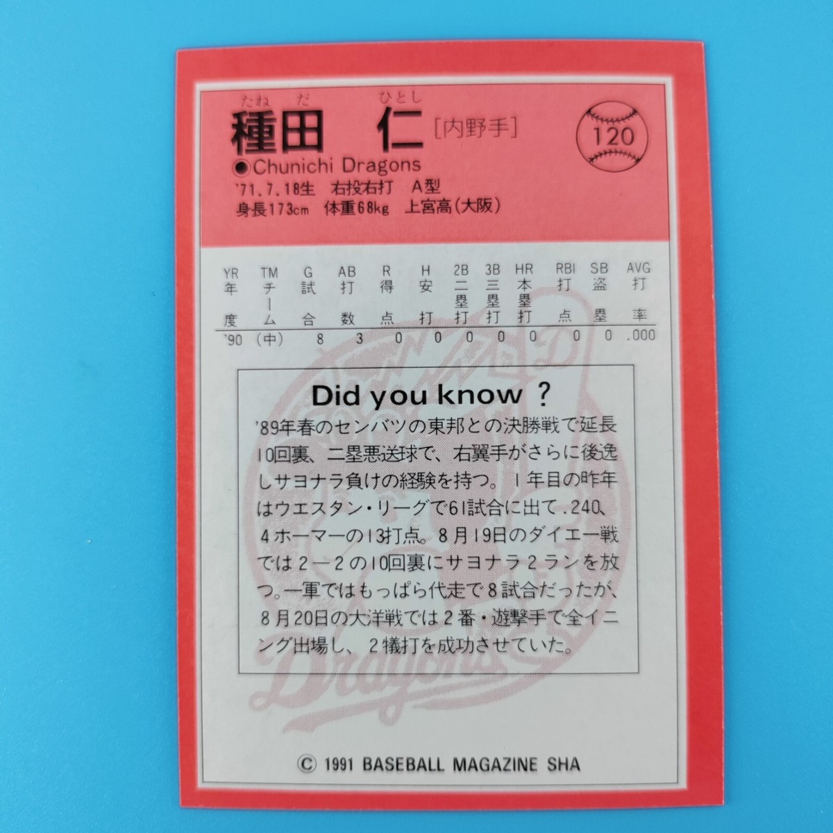 1991 BBM Japanese Baseball Card #120 Hitoshi Taneda Team: Chunichi
