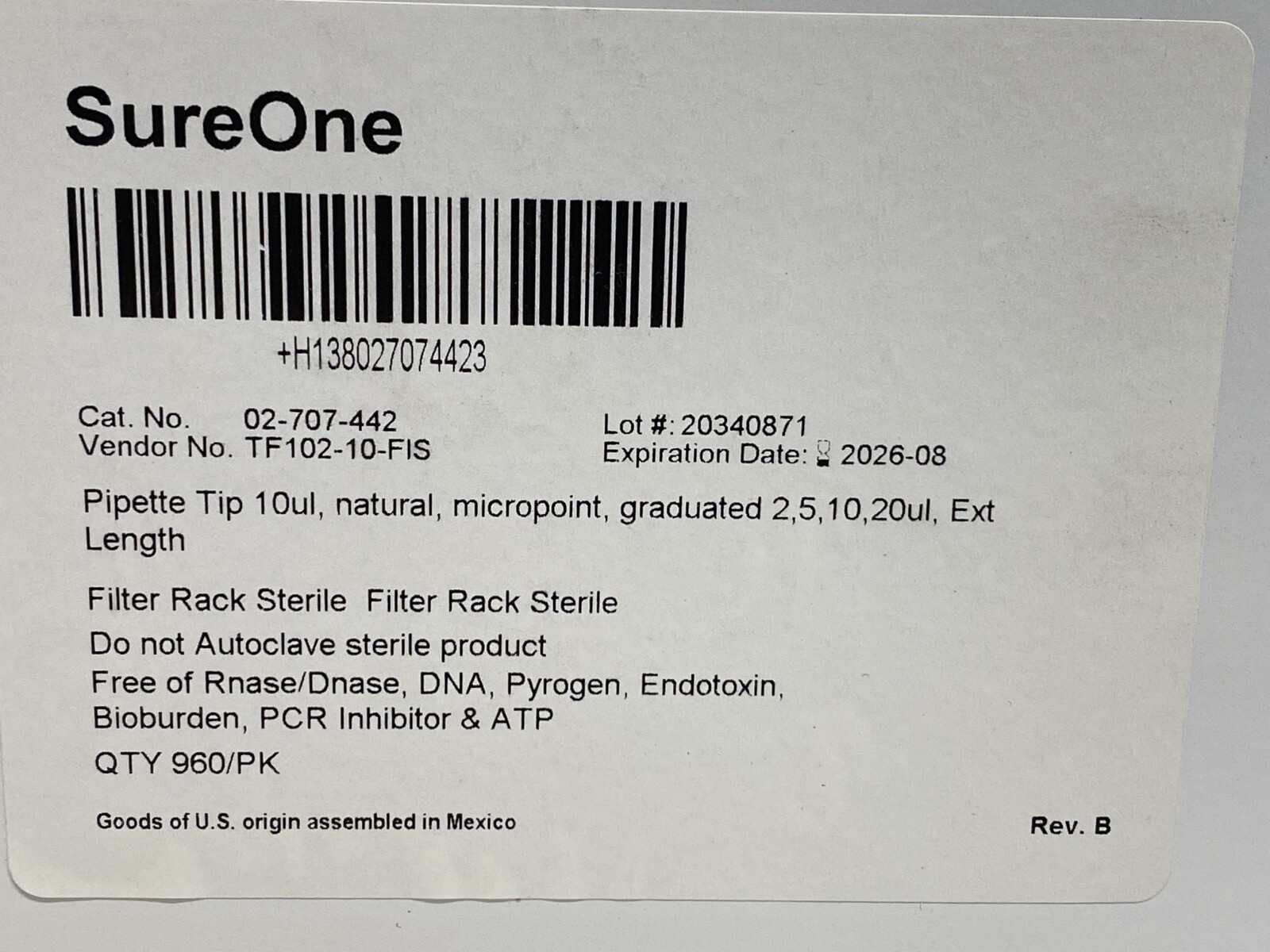 (960) FISHERBRAND SureOne 10uL Aerosol Filter EL Graduated Pipet Tips 02-707-442