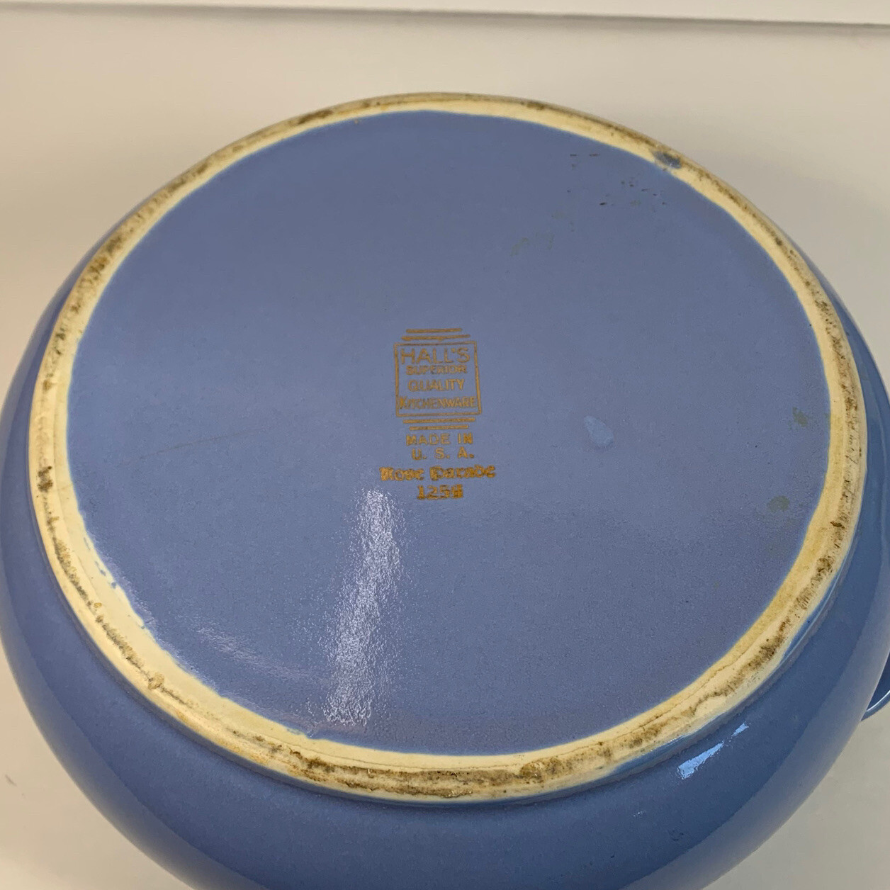 Vintage Hall China Co Kitchenware Handled Blue Casserole in Rose Parade with Lid