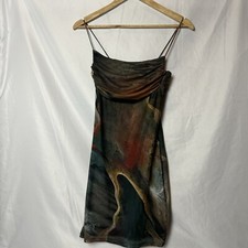 Windsor Rust Oil Painting Mini Dress, Spaghetti Straps, Ruched Bust, Sz S