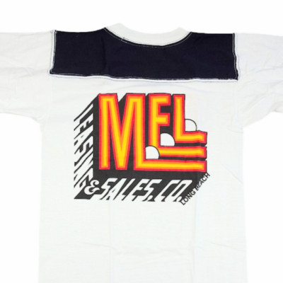 Vintage MEL Long Beach T Shirt Mens Size Small White 80s Ringer Tee Made In USA