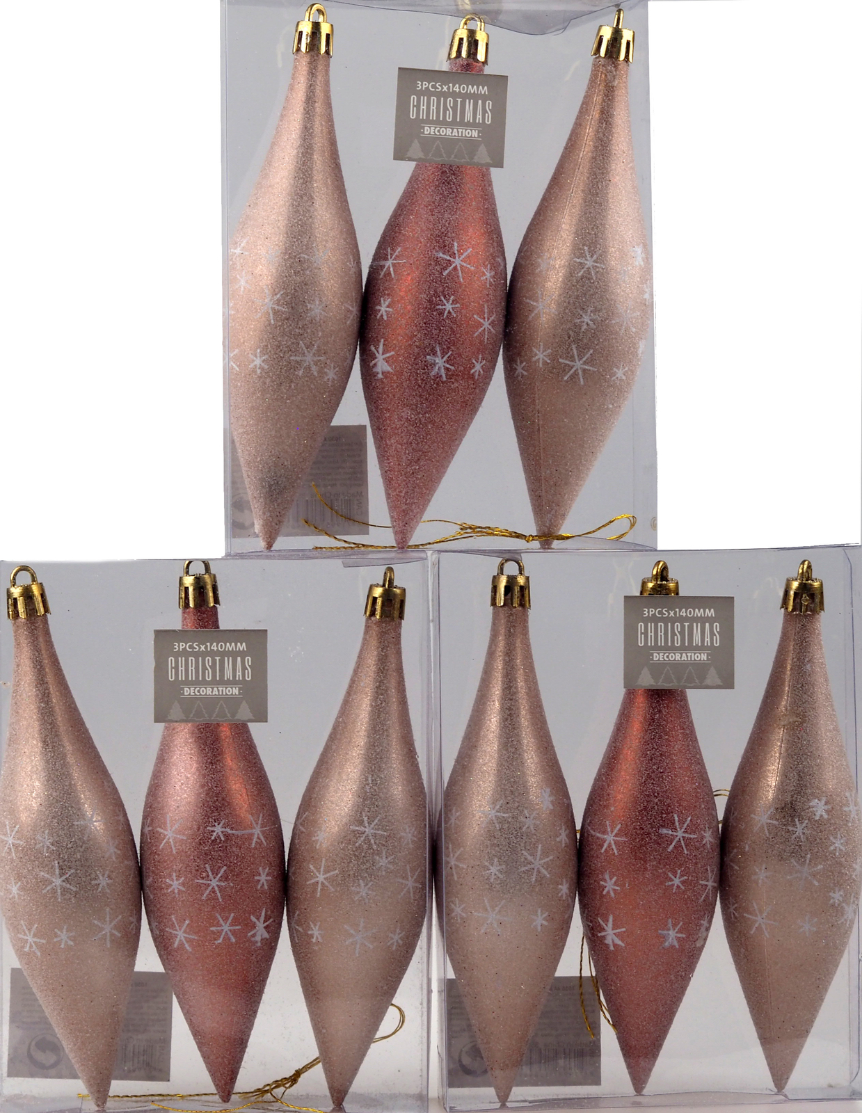 Christmas Frosted Droplet Baubles Tree Decorations Large - Pink (Set of 9)