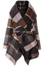 Chicwish Rabato Wrap Brown Prairie Check Belted Shawl Collar Asym Pea Coat Small
