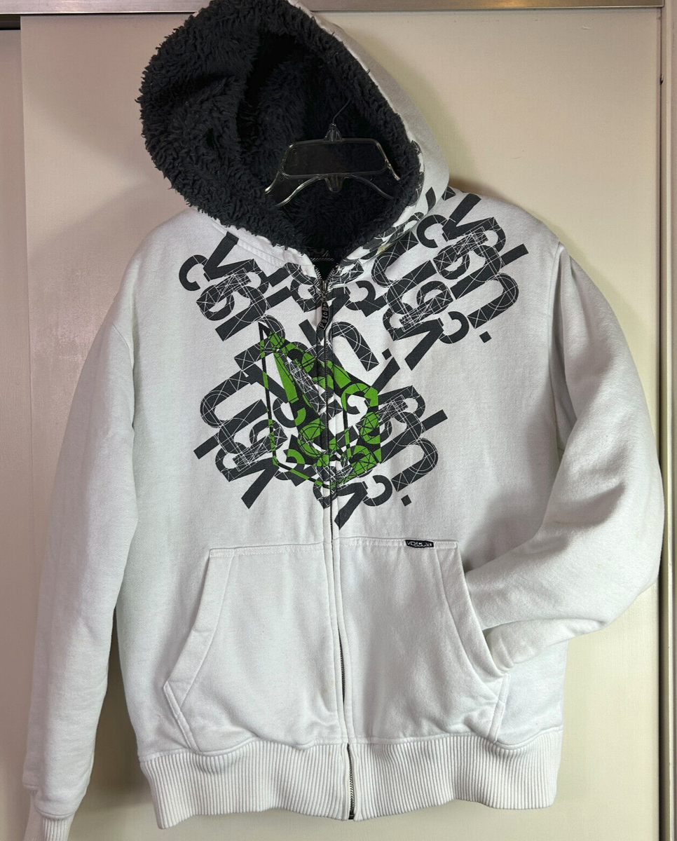 Volcom Graphic Print White Lime Green Gray LINED Hoodie Y2K Size
