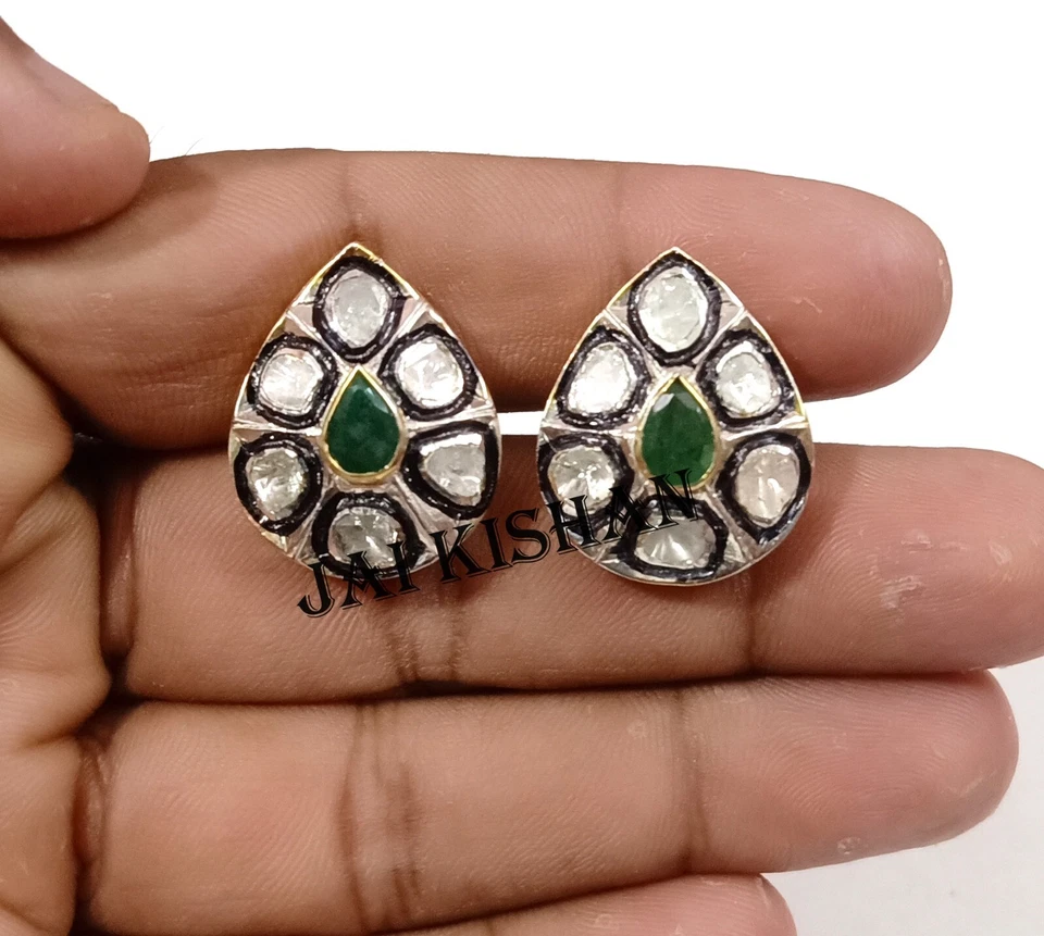 Smaragd Edelstein Uncut Polki Diamant 925 Sterlingsilber Ohrring Vintage Schmuck - Bild 3 von 4