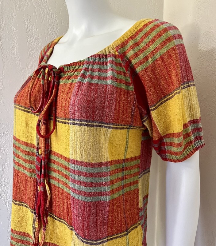 Vtg Casey & Max Red Plaid Gauzy Off Shoulder Button Down Folk Top Size M VGC