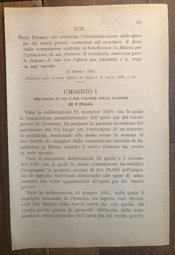Cremona 1892 Decreto Real En Viejos Pobres-8614