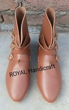 Three Buckle Strap Fasten Leather Boots Footwear Pair Brown Color New