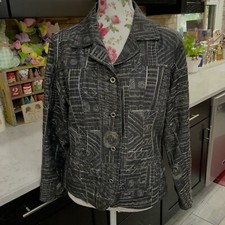 Chico s Size Large Black Silver Embroidered Metallic Jacket Blazer Art To Wear