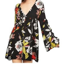 Free People Bella Floral Print V Neck Bell Sleeve Tunic Mini Dress XS Black