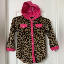 Girls leopard animal print pink hoodie sweater heart buttons size 120 5-6