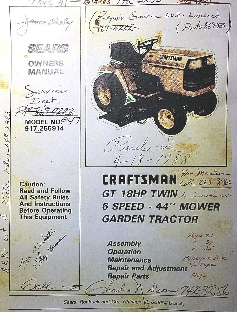 Sears Craftsman GT 18hp 6-sp 1987 Garden Tractor 917.255914 Owner