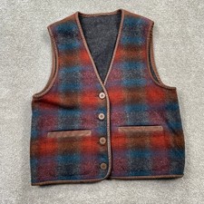 LL Bean Reversible Wool Vest Womens S Red Blue Plaid Leather Trim Made in USA
