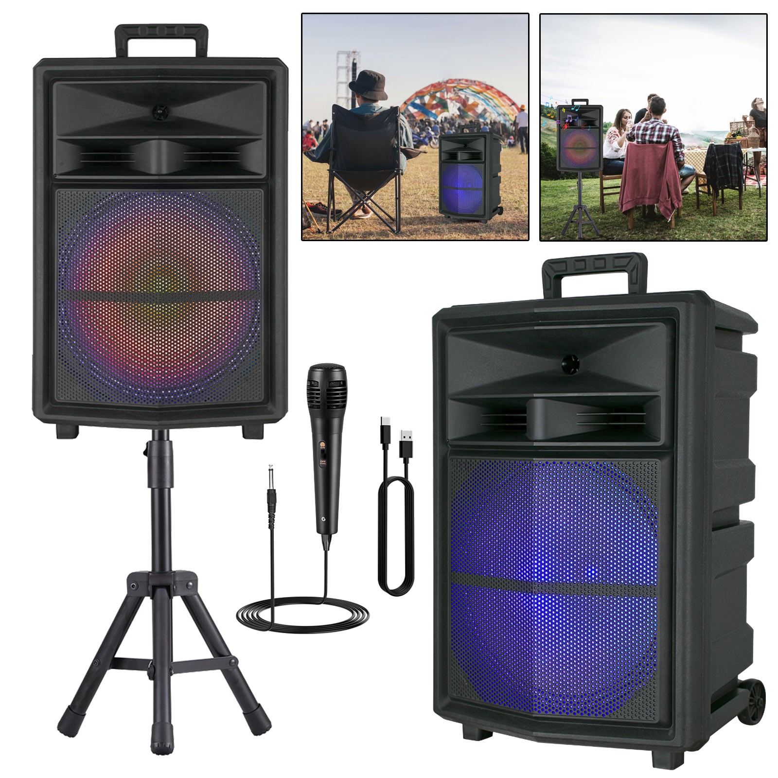 15” Portable Bluetooth Speaker Subwoofer Heavy Bass Party DJ System Mic AUX FM